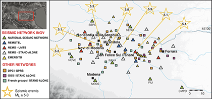 Map of the seismic stations deployed after May 20, 2012. Triangles, INGV permanent (green) and temporary stations; squares, stations from other Institutes; stars, earthquakes with magnitude >5.0. Figure 3.